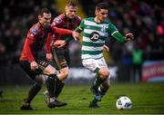 15 February 2020; Dylan Watts of Shamrock Rovers in action against Michael Barker, left, and JJ Lunney of Bohemians during the SSE Airtricity League Premier Division match between Bohemians and Shamrock Rovers at Dalymount Park in Dublin. Photo by Stephen McCarthy/Sportsfile