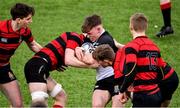 12 February 2020; Cormac King of Newbridge College is tackled by Christopher Reynolds, left, and Jake Caldbeck of Kilkenny College during the Bank of Ireland Leinster Schools Senior Cup Second Round match between Kilkenny College and Newbridge College at Energia Park in Dublin. Photo by Piaras Ó Mídheach/Sportsfile