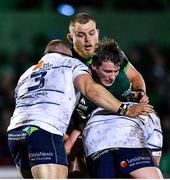 15 February 2020; Gavin Thornbury of Connacht is tackled by Dimitri Arhip, left, and Rhys Gill of Cardiff Blues during the Guinness PRO14 Round 11 match between Connacht and Cardiff Blues at the Sportsground in Galway. Photo by Eóin Noonan/Sportsfile