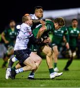 15 February 2020; Kyle Godwin of Connacht is tackled by Dan Fish, left, and Rey Lee-Lo of Cardiff Blues during the Guinness PRO14 Round 11 match between Connacht and Cardiff Blues at the Sportsground in Galway. Photo by Sam Barnes/Sportsfile