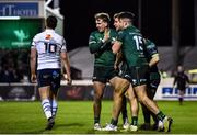 15 February 2020; Kyle Godwin, centre, celebrates with Connacht team-mates John Porch, left, and Tiernan O'Halloran after scoring his side's fourth try during the Guinness PRO14 Round 11 match between Connacht and Cardiff Blues at the Sportsground in Galway. Photo by Sam Barnes/Sportsfile