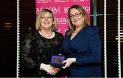 15 February 2020; Trina Murray from Moate GAA club in Westmeath is presented with her Administration medallion by LGFA President Marie Hickey during the Learn to Lead – LGFA Female Leadership Programme graduation evening at The Croke Park, Jones Road, Dublin. The Learn to Lead programme was devised to develop the next generation of leaders within Ladies Gaelic Football. Photo by Brendan Moran/Sportsfile