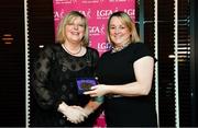 15 February 2020; Eileen Jones from Aodh Ruadh GAA club in Dungannon, Tyrone is presented with her Administration medallion by LGFA President Marie Hickey during the Learn to Lead – LGFA Female Leadership Programme graduation evening at The Croke Park, Jones Road, Dublin. The Learn to Lead programme was devised to develop the next generation of leaders within Ladies Gaelic Football. Photo by Brendan Moran/Sportsfile