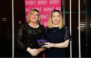 15 February 2020; Mairead Dullea from Bantry Blues GAA club in Cork is presented with her Officiating medallion by LGFA President Marie Hickey during the Learn to Lead – LGFA Female Leadership Programme graduation evening at The Croke Park, Jones Road, Dublin. The Learn to Lead programme was devised to develop the next generation of leaders within Ladies Gaelic Football. Photo by Brendan Moran/Sportsfile