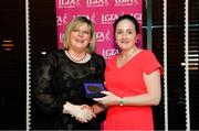 15 February 2020; Sinead McHugh from Donegal and Kilmacud Crokes GAA club in Dublin is presented with her Officiating medallion by LGFA President Marie Hickey during the Learn to Lead – LGFA Female Leadership Programme graduation evening at The Croke Park, Jones Road, Dublin. The Learn to Lead programme was devised to develop the next generation of leaders within Ladies Gaelic Football. Photo by Brendan Moran/Sportsfile