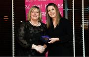 15 February 2020; Nadine Doherty from Donegal and Na Fianna GAA club in Dublin is presented with her PR/Media medallion by LGFA President Marie Hickey during the Learn to Lead – LGFA Female Leadership Programme graduation evening at The Croke Park, Jones Road, Dublin. The Learn to Lead programme was devised to develop the next generation of leaders within Ladies Gaelic Football. Photo by Brendan Moran/Sportsfile