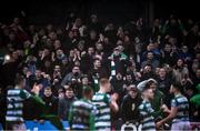 15 February 2020; Shamrock Rovers supporters celebrate following the SSE Airtricity League Premier Division match between Bohemians and Shamrock Rovers at Dalymount Park in Dublin. Photo by Stephen McCarthy/Sportsfile
