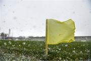 16 February 2020; A sideline flag blowing in the wind during a hail shower ahead of the Allianz Hurling League Division 1 Group B Round 3 match between Clare and Laois at Cusack Park in Ennis, Clare. Photo by Eóin Noonan/Sportsfile