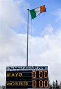 16 February 2020; The Irish tricolour flies above the scoreboard ahead of the Lidl Ladies National Football League Division 1 Round 3 match between Mayo and Waterford at Swinford Amenity Park in Swinford, Mayo. Photo by Sam Barnes/Sportsfile