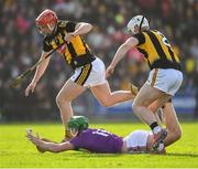 16 February 2020; Aidan Nolan of Wexford passes the sliothar as he is tackled by Conor Browne, 2, and James Maher of Kilkenny during the Allianz Hurling League Division 1 Group B Round 3 match between Wexford and Kilkenny at Chadwicks Wexford Park in Wexford. Photo by Ray McManus/Sportsfile