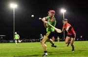 12 February 2020; Jerry Kelly of IT Carlow shoots under pressure from Paddy O'Loughlin of UCC during the Fitzgibbon Cup Final match between UCC and IT Carlow at Dublin City University Sportsgrounds in Glasnevin, Dublin. Photo by Piaras Ó Mídheach/Sportsfile