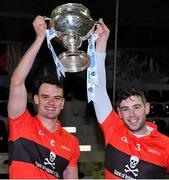 12 February 2020; UCC captains Paddy O'Loughlin, left, and Eoghan Murphy lift the cup after the Fitzgibbon Cup Final match between UCC and IT Carlow at Dublin City University Sportsgrounds in Glasnevin, Dublin. Photo by Piaras Ó Mídheach/Sportsfile
