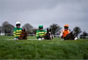 18 February 2020; Runners and riders, from left, Mark Walsh on Yanworth, Darragh O'Keeffe on Josies Orders, and JJ Slevin on Ballinasilla inspect Ruby's Double prior to the P.P. Hogan Memorial Cross Country Steeplechase at Punchestown Racecourse in Kildare. Photo by Harry Murphy/Sportsfile