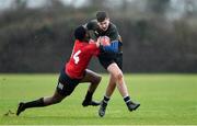 19 February 2020; Darragh Guinan of Midlands Area is tackled by Michael Ibrahim of North East Area during the Shane Horgan Cup Round 4 match between North East Area and Midlands Area at Ashbourne RFC in Ashbourne, Co Meath. Photo by Piaras Ó Mídheach/Sportsfile