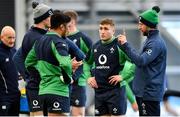19 February 2020; Assistant coach Mike Catt in conversation with backs Jonathan Sexton, Bundee Aki, and Jordan Larmour during Ireland Rugby squad training at IRFU High Performance Centre at the Sport Ireland Campus in Dublin. Photo by Brendan Moran/Sportsfile