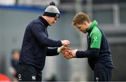 19 February 2020; Jonathan Sexton has his fingers strapped by physio Colm Fuller during Ireland Rugby squad training at IRFU High Performance Centre at the Sport Ireland Campus in Dublin. Photo by Brendan Moran/Sportsfile