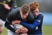 19 February 2020; Louis Perrim of Metro Area is tackled by Oisín Grufferty of North Midlands Area during the Shane Horgan Cup Round 4 match between Metro Area and North Midlands Area at Ashbourne RFC in Ashbourne, Co Meath. Photo by Piaras Ó Mídheach/Sportsfile