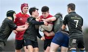 19 February 2020; Oisín Lynch of North East Area is tackled by Midlands Area players, from left, Eoin Murtagh, Jamie Rowan, James Buckley, and Ross Ashmore during the Shane Horgan Cup Round 4 match between North East Area and Midlands Area at Ashbourne RFC in Ashbourne, Co Meath. Photo by Piaras Ó Mídheach/Sportsfile