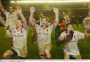 20 December 2003; Ulster captain Andy Ward, centre, celebrates with Tyrone How, left, and Simon Best after the final whistle. Celtic Cup Final, Edinburgh Rugby v Ulster, Murrayfield, Edinburgh, Scotland. Picture credit; Matt Browne / SPORTSFILE *EDI*