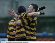 20 December 2003; Co. Carlow's Ben Young celebrates with team-mate Thomas Bonnefoy after scoring his sides first try. Leinster Senior Cup Final, Co. Carlow v De La Salle Palmerston, Donnybrook, Dublin. Picture credit; Pat Murphy  / SPORTSFILE *EDI*