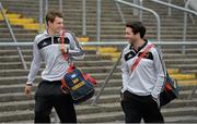 28 June 2013; Carlow players Sean Gannon, left, and Benny Kevanagh arrive for the game at 6.10pm. GAA Football All-Ireland Senior Championship, Round 1, Carlow v Laois, Dr. Cullen Park, Carlow. Picture credit: Diarmuid Greene / SPORTSFILE