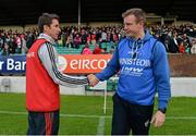 28 June 2013; Carlow manager Anthony Rainbow, left, and Laois manager Justin McNulty exchange a handshake after the game. GAA Football All-Ireland Senior Championship, Round 1, Carlow v Laois, Dr. Cullen Park, Carlow. Picture credit: Diarmuid Greene / SPORTSFILE