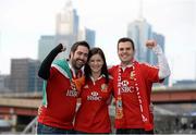 29 June 2013; British & Irish Lions supporters Steven, Helen and Damon Flynn, from Waterford City, on The Yarra Promenade ahead of the game. British & Irish Lions Tour 2013, 2nd Test, Australia v British & Irish Lions, Etihad Stadium, Melbourne, Australia. Picture credit: Stephen McCarthy / SPORTSFILE