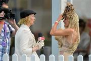 29 June 2013; Claudine Keane is interviewed by Aisling O'Loughlin of TV3. Curragh Racecourse, The Curragh, Co. Kildare. Picture credit: Diarmuid Greene / SPORTSFILE