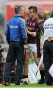 29 June 2013; Peter Creedon, Tipperary manager has words with Paul Conroy, Galway. GAA Football All-Ireland Senior Championship, Round 1, Galway v Tipperary, Pearse Stadium, Galway. Picture credit: Ray Ryan / SPORTSFILE