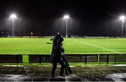 21 February 2020; A cameraman makes his way to his position prior to the SSE Airtricity League First Division match between Cabinteely and Bray Wanderers at Stradbrook Road in Blackrock, Dublin. Photo by Seb Daly/Sportsfile