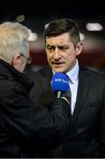 21 February 2020; Derry City manager Declan Devine, right, is interviewed by RTÉ's Tony O'Donoghue prior to the SSE Airtricity League Premier Division match between Derry City and Finn Harps at Ryan McBride Brandywell Stadium in Derry. Photo by Oliver McVeigh/Sportsfile