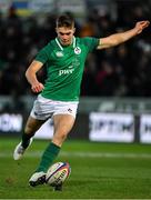 21 February 2020; Jack Crowley of Ireland kicks a penalty during the Six Nations U20 Rugby Championship match between England and Ireland at Franklin’s Gardens in Northampton, England. Photo by Brendan Moran/Sportsfile