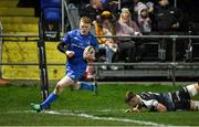 21 February 2020; Tommy O'Brien of Leinster evades the tackle of Olly Cracknell of Ospreys on his way to scores his side's first during the Guinness PRO14 Round 12 match between Ospreys and Leinster at The Gnoll in Neath, Wales. Photo by Ramsey Cardy/Sportsfile