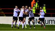 21 February 2020; Andy Boyle of Dundalk, centre, celebrates after scoring his side's first goal with team-mates during the SSE Airtricity League Premier Division match between Shelbourne and Dundalk at Tolka Park in Dublin. Photo by Harry Murphy/Sportsfile