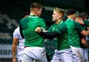 21 February 2020; Lewis Finlay of Ireland, right, congratulates team-mate Hayden Hyde on scoring their side's second try during the Six Nations U20 Rugby Championship match between England and Ireland at Franklin’s Gardens in Northampton, England. Photo by Brendan Moran/Sportsfile