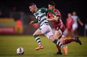 21 February 2020; Jack Byrne of Shamrock Rovers in action against Gearóid Morrissey of Cork City during the SSE Airtricity League Premier Division match between Shamrock Rovers and Cork City at Tallaght Stadium in Dublin. Photo by Stephen McCarthy/Sportsfile