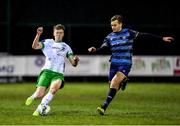 21 February 2020; Jack Hudson of Cabinteely in action against Joe Doyle of Bray Wanderers during the SSE Airtricity League First Division match between Cabinteely and Bray Wanderers at Stradbrook Road in Blackrock, Dublin. Photo by Seb Daly/Sportsfile