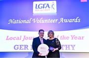 21 February 2020; Ger McCarthy, Co. Cork, is presented with the Local Journalist of the Year award by Ladies Gaelic Football Association President Marie Hickey at the 2019 LGFA Volunteer of the Year awards night at Croke Park in Dublin. Photo by Piaras Ó Mídheach/Sportsfile