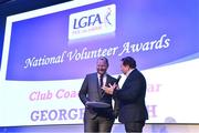 21 February 2020; George Leetch, representing the St Nathy’s club in Sligo, won won the Club Coach of the Year award is interviewed by MC Marty Morrissey at the 2019 LGFA Volunteer of the Year awards night at Croke Park in Dublin. Photo by Piaras Ó Mídheach/Sportsfile