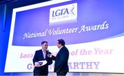 21 February 2020; Ger McCarthy, Co. Cork, winner of the Local Journalist of the Year award, is interviewed by MC Marty Morissey at the 2019 LGFA Volunteer of the Year awards night at Croke Park in Dublin. Photo by Piaras Ó Mídheach/Sportsfile