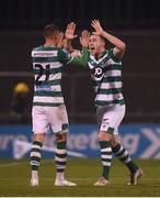 21 February 2020; Graham Burke, left, of Shamrock Rovers celebrates with team-mate Aaron Greene after scoring his side's second goal during the SSE Airtricity League Premier Division match between Shamrock Rovers and Cork City at Tallaght Stadium in Dublin. Photo by Stephen McCarthy/Sportsfile