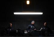 21 February 2020; Leinster senior coach Stuart Lancaster, left, Leinster head coach Leo Cullen, centre, and Leinster kicking coach and lead performance analyst Emmet Farrell watch on during the Guinness PRO14 Round 12 match between Ospreys and Leinster at The Gnoll in Neath, Wales. Photo by Ramsey Cardy/Sportsfile