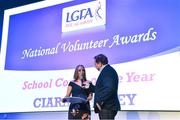 21 February 2020; Ciara Marley, representing St Catherine’s, Co. Armagh, winner of the School Coach of the Year award is interviewed by MC Marty Morrissey at the 2019 LGFA Volunteer of the Year awards night at Croke Park in Dublin. Photo by Piaras Ó Mídheach/Sportsfile