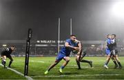 21 February 2020; Cian Kelleher of Leinster goes over to score his side's third try during the Guinness PRO14 Round 12 match between Ospreys and Leinster at The Gnoll in Neath, Wales. Photo by Ramsey Cardy/Sportsfile