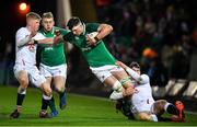 21 February 2020; Thomas Ahern of Ireland is tackled by George Barton, left, and Tom Roebuck during the Six Nations U20 Rugby Championship match between England and Ireland at Franklin’s Gardens in Northampton, England. Photo by Brendan Moran/Sportsfile