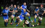 21 February 2020; James Lowe of Leinster offloads to Seán Cronin of Leinster as he is tackled by Owen Watkin of Ospreys during the Guinness PRO14 Round 12 match between Ospreys and Leinster at The Gnoll in Neath, Wales. Photo by Ramsey Cardy/Sportsfile