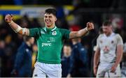 21 February 2020; Dan Kelly of Ireland celebrates victory after the Six Nations U20 Rugby Championship match between England and Ireland at Franklin’s Gardens in Northampton, England. Photo by Brendan Moran/Sportsfile