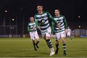 21 February 2020; Graham Burke of Shamrock Rovers celebrates after scoring his side's fifth goal during the SSE Airtricity League Premier Division match between Shamrock Rovers and Cork City at Tallaght Stadium in Dublin. Photo by Stephen McCarthy/Sportsfile