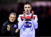 21 February 2020; Daniel Kelly of Dundalk applauds fans following the SSE Airtricity League Premier Division match between Shelbourne and Dundalk at Tolka Park in Dublin. Photo by Harry Murphy/Sportsfile