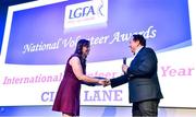 21 February 2020; Ciara Lane from Louth, and representing the Calgary Chieftains Club in Canada, winner of the International Volunteer of the Year award, is interviewed by MC Marty Morrissey at the 2019 LGFA Volunteer of the Year awards night at Croke Park in Dublin. Photo by Piaras Ó Mídheach/Sportsfile